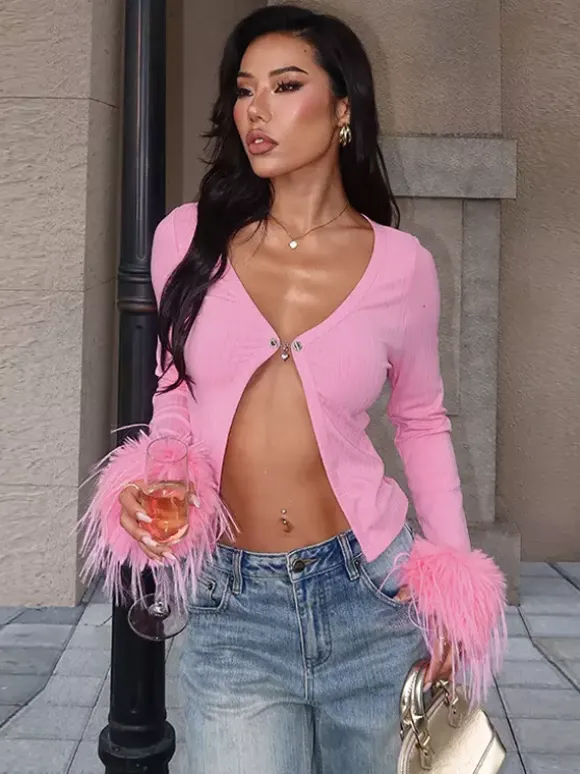 Pink Fur Cuff Women's Crop Cardigan - Y2K Ribbed Long Sleeve V-Neck Top - Sexy Clubwear Night Out Party Shrug 2026