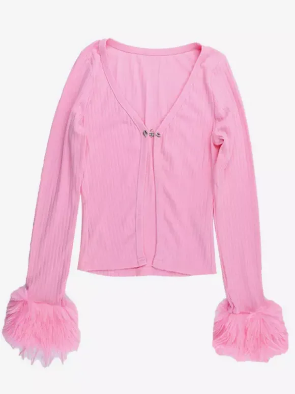 Pink Fur Cuff Women's Crop Cardigan - Y2K Ribbed Long Sleeve V-Neck Top - Sexy Clubwear Night Out Party Shrug 2026