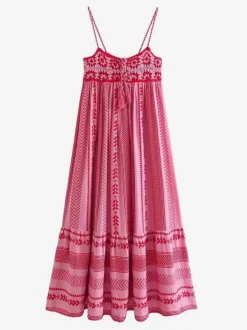 Pink Geometric Print Cami Maxi Dress for Women - Boho Tiered Spaghetti Strap with Tassel - Summer Beach Resort 2026