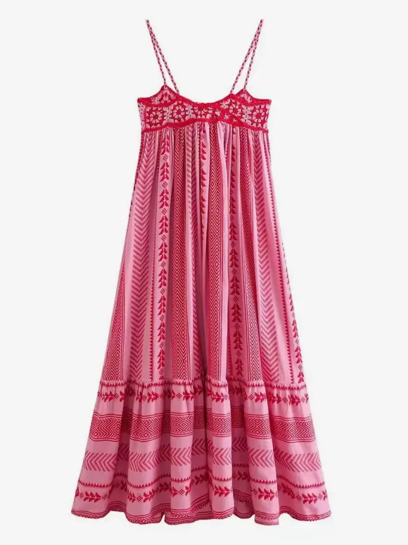 Pink Geometric Print Cami Maxi Dress for Women - Boho Tiered Spaghetti Strap with Tassel - Summer Beach Resort 2026
