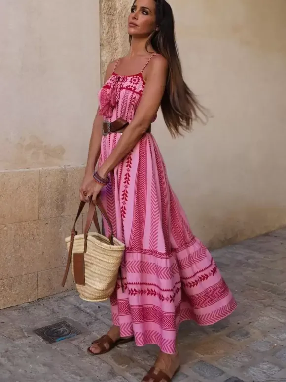 Pink Geometric Print Cami Maxi Dress for Women - Boho Tiered Spaghetti Strap with Tassel - Summer Beach Resort 2026