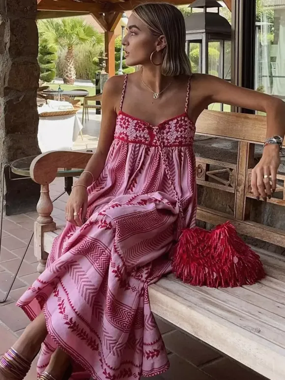 Pink Geometric Print Cami Maxi Dress for Women - Boho Tiered Spaghetti Strap with Tassel - Summer Beach Resort 2026