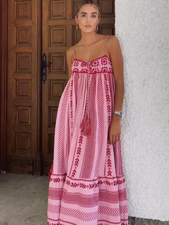 Pink Geometric Print Cami Maxi Dress for Women - Boho Tiered Spaghetti Strap with Tassel - Summer Beach Resort 2026