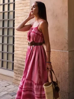 Pink Geometric Print Cami Maxi Dress for Women - Boho Tiered Spaghetti Strap with Tassel - Summer Beach Resort 2026