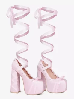Pink High Heels Platform Unisex Round Toe Lolita Bow Lace Up Pumps