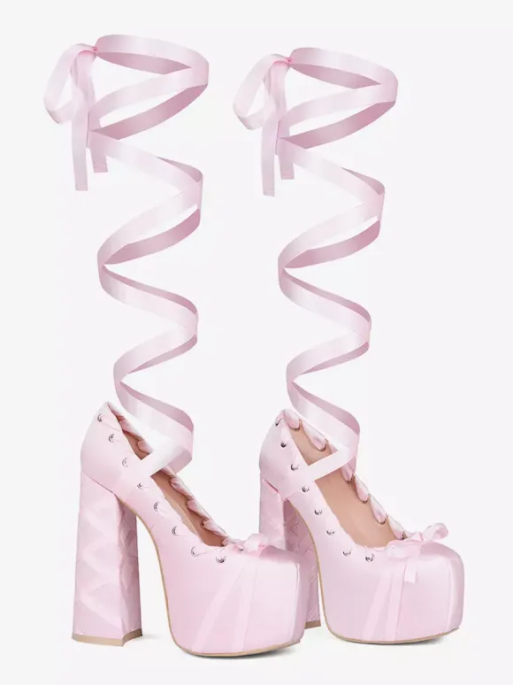 Pink High Heels Platform Unisex Round Toe Lolita Bow Lace Up Pumps