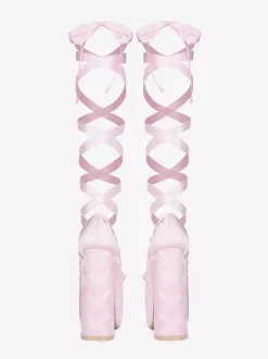 Pink High Heels Platform Unisex Round Toe Lolita Bow Lace Up Pumps