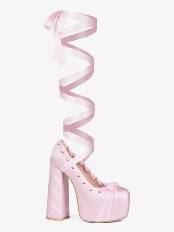 Pink High Heels Platform Unisex Round Toe Lolita Bow Lace Up Pumps