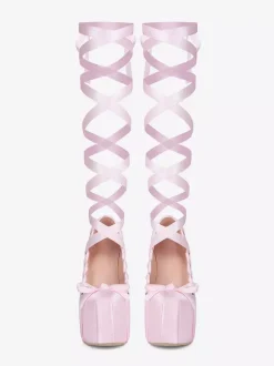 Pink High Heels Platform Unisex Round Toe Lolita Bow Lace Up Pumps