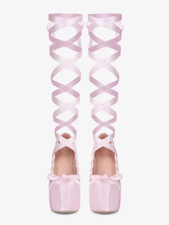 Pink High Heels Platform Unisex Round Toe Lolita Bow Lace Up Pumps