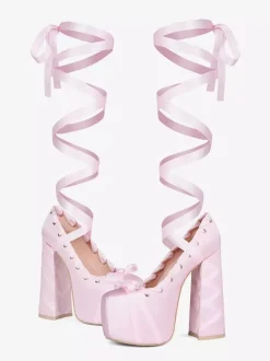 Pink High Heels Platform Unisex Round Toe Lolita Bow Lace Up Pumps