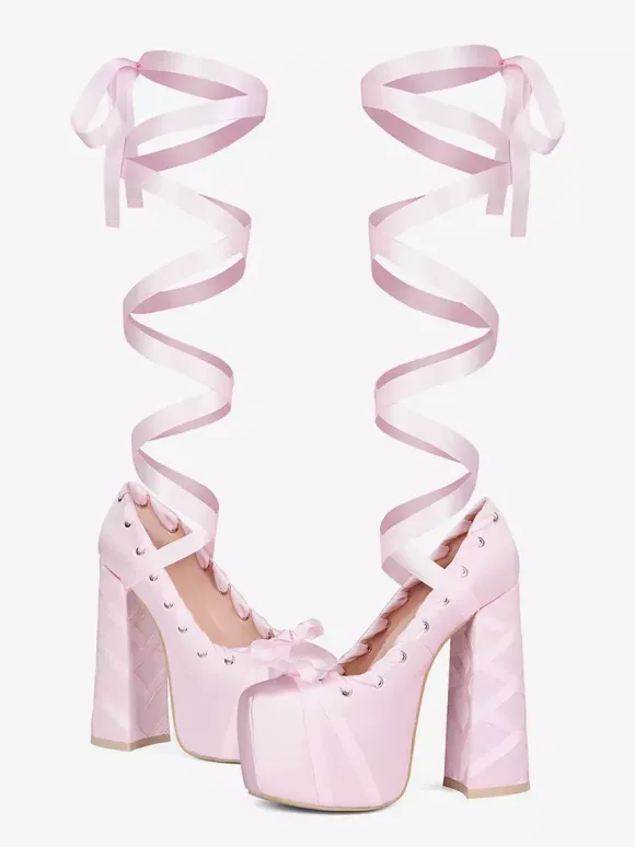 Pink High Heels Platform Unisex Round Toe Lolita Bow Lace Up Pumps