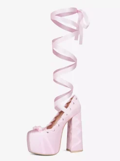 Pink High Heels Platform Unisex Round Toe Lolita Bow Lace Up Pumps