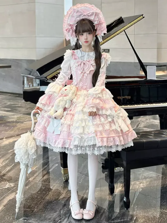 Pink Hime Lolita Dress Lace Ruffles JSK Short Sweet Lolita Dress