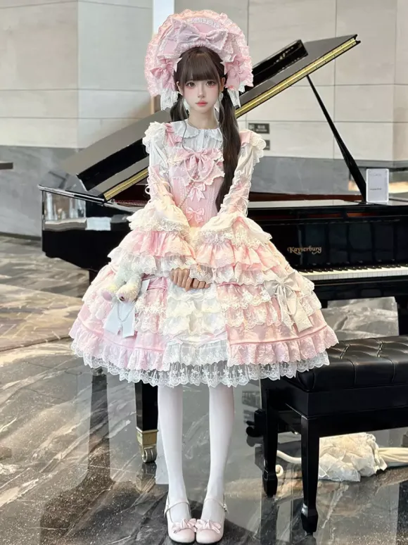Pink Hime Lolita Dress Lace Ruffles JSK Short Sweet Lolita Dress