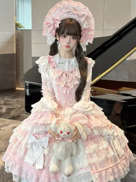 Pink Hime Lolita Dress Lace Ruffles JSK Short Sweet Lolita Dress