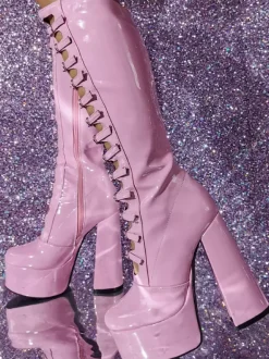 Pink Knee High Boots Patent PU Upper Platform Chunky Heel Buckle Detail Sexy Boots