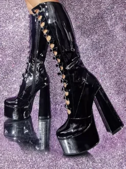 Pink Knee High Boots Patent PU Upper Platform Chunky Heel Buckle Detail Sexy Boots