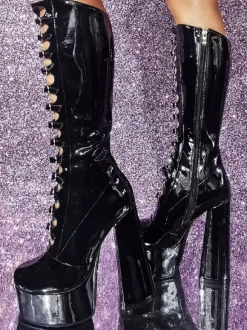 Pink Knee High Boots Patent PU Upper Platform Chunky Heel Buckle Detail Sexy Boots