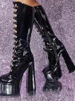 Pink Knee High Boots Patent PU Upper Platform Chunky Heel Buckle Detail Sexy Boots