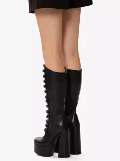 Pink Knee High Boots Patent PU Upper Platform Chunky Heel Buckle Detail Sexy Boots