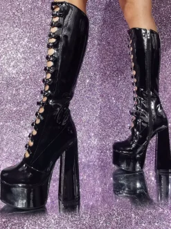 Pink Knee High Boots Patent PU Upper Platform Chunky Heel Buckle Detail Sexy Boots