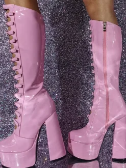 Pink Knee High Boots Patent PU Upper Platform Chunky Heel Buckle Detail Sexy Boots