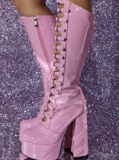 Pink Knee High Boots Patent PU Upper Platform Chunky Heel Buckle Detail Sexy Boots