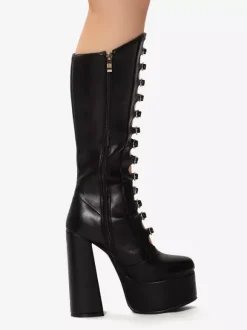 Pink Knee High Boots Patent PU Upper Platform Chunky Heel Buckle Detail Sexy Boots