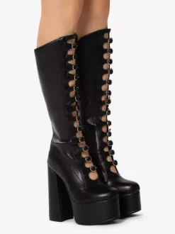 Pink Knee High Boots Patent PU Upper Platform Chunky Heel Buckle Detail Sexy Boots