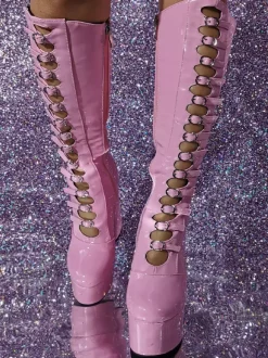 Pink Knee High Boots Patent PU Upper Platform Chunky Heel Buckle Detail Sexy Boots