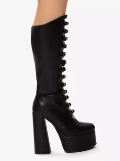 Pink Knee High Boots Patent PU Upper Platform Chunky Heel Buckle Detail Sexy Boots