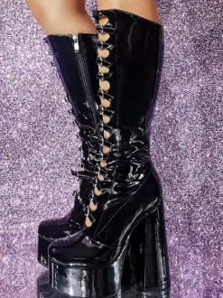 Pink Knee High Boots Patent PU Upper Platform Chunky Heel Buckle Detail Sexy Boots