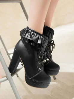 Pink Lolita Boots PU Leather Round Toe Chunky Heel Low Tops Lolita Footwear