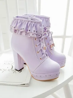 Pink Lolita Boots PU Leather Round Toe Chunky Heel Low Tops Lolita Footwear