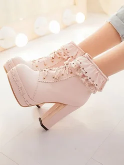 Pink Lolita Boots PU Leather Round Toe Chunky Heel Low Tops Lolita Footwear