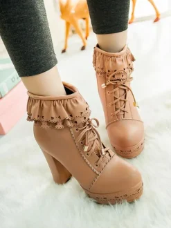 Pink Lolita Boots PU Leather Round Toe Chunky Heel Low Tops Lolita Footwear