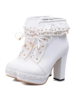 Pink Lolita Boots PU Leather Round Toe Chunky Heel Low Tops Lolita Footwear