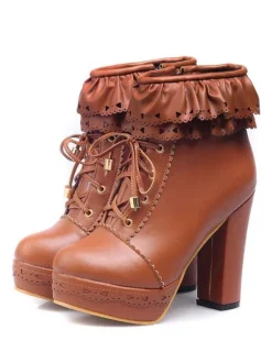 Pink Lolita Boots PU Leather Round Toe Chunky Heel Low Tops Lolita Footwear