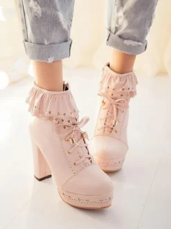 Pink Lolita Boots PU Leather Round Toe Chunky Heel Low Tops Lolita Footwear