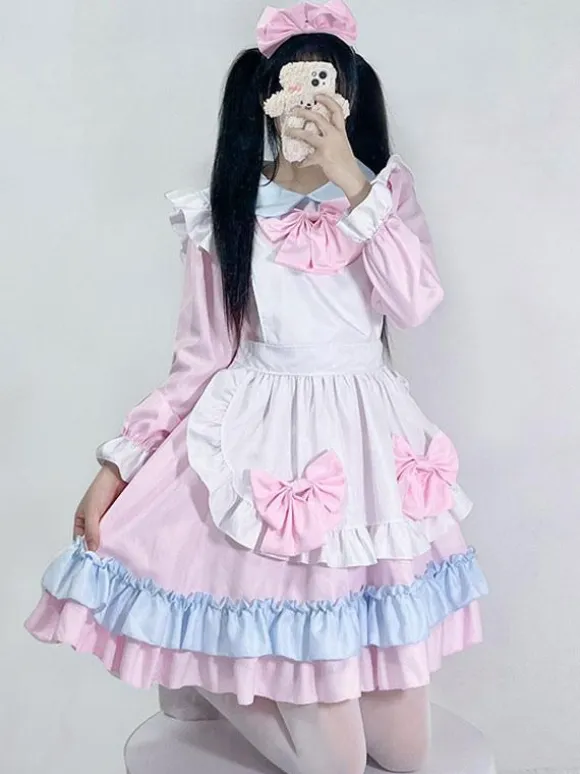 Pink Maid Lolita Dress Polyester Long Sleeves Dress