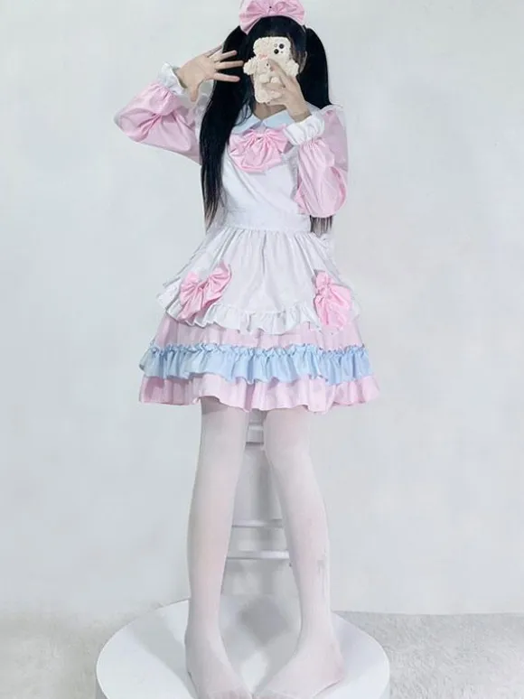 Pink Maid Lolita Dress Polyester Long Sleeves Dress