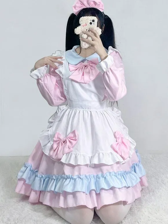Pink Maid Lolita Dress Polyester Long Sleeves Dress