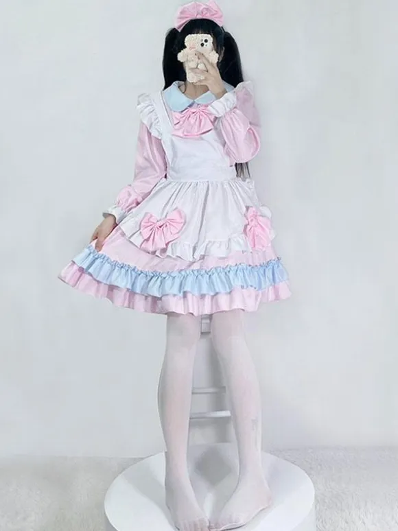 Pink Maid Lolita Dress Polyester Long Sleeves Dress