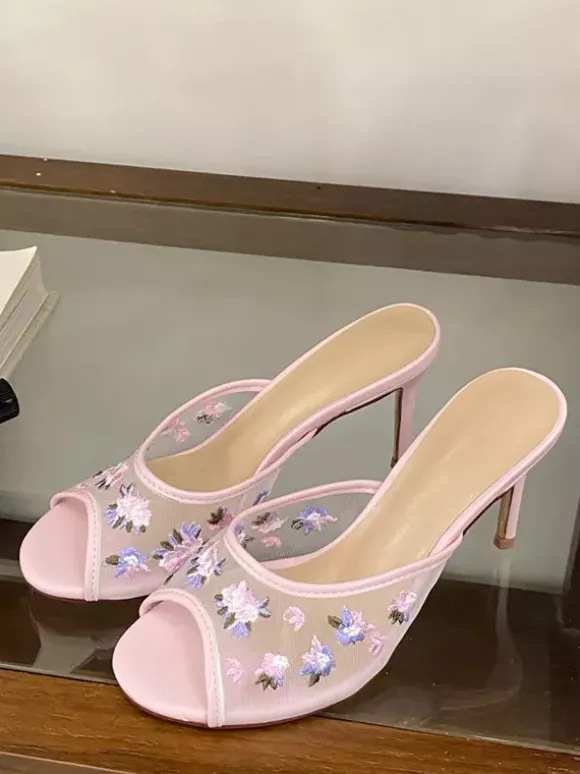 Pink Mesh Sandal Slippers Peep Toe Floral Printed High Heel Sandal Slides