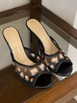 Pink Mesh Sandal Slippers Peep Toe Floral Printed High Heel Sandal Slides