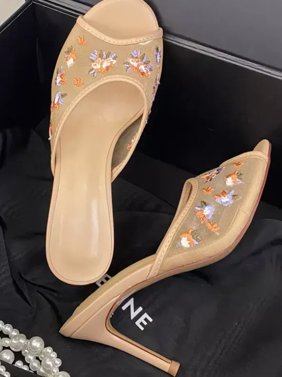 Pink Mesh Sandal Slippers Peep Toe Floral Printed High Heel Sandal Slides