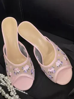 Pink Mesh Sandal Slippers Peep Toe Floral Printed High Heel Sandal Slides