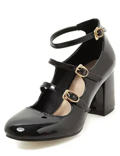 Pink Mid Heels Round Toe Ankle Strap Mary Jane Shoes For Women Vintage Shoes