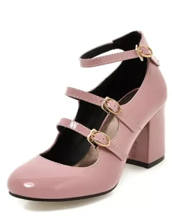 Pink Mid Heels Round Toe Ankle Strap Mary Jane Shoes For Women Vintage Shoes